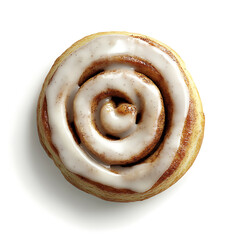 A freshly baked cinnamon roll topped with a generous swirl of white icing, presented against a clean white background.