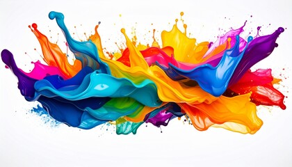 Fototapeta premium Abstract multicolor splatter on white background—vibrant paint bursts radiate outward from central splash. Dominant hues include blue, red, yellow, orange, green, and purple. Fluid motion and chaotic 