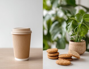 Coffee, cookies, and plants. A light beige disposable coffee cup sits on a light wooden surface, next to a stack of oatmeal cookies. A plant with large leaves is visible in the background