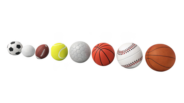 Collection of various sports balls arranged in a row isolated on transparent background