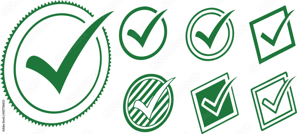 Poster vector art of a selection of green check mark icons in various shapes and styles for approval and va