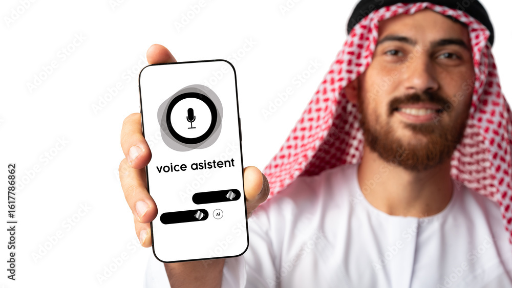Poster man in traditional attire holding smartphone with voice assistant interface displayed in a bright se