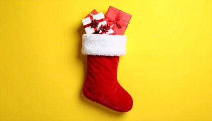 Christmas stocking against yellow backdrop&mdash;red velvet with white fur trim filled with wrapped gifts, sprigs of greenery, and berries. Presents tied with red ribbons add celebratory detail. The vibrant