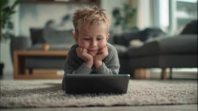 A boy relaxes on a plush carpet, enjoying an engaging activity on his tablet. The cozy living room has natural light and comfortable furniture surrounding him