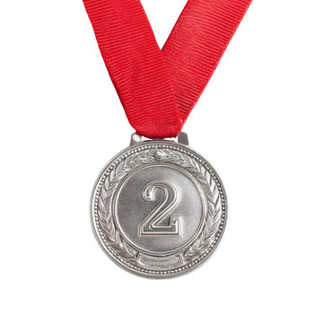 Close-up of a silver medal with a red ribbon.  A '2' is prominently displayed