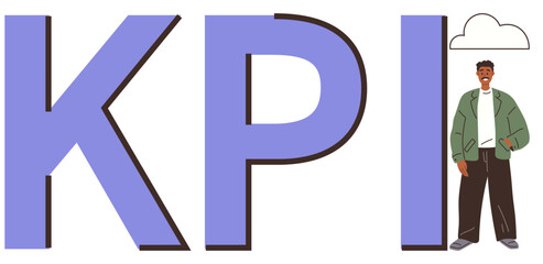 Giant KPI text beside a smiling professional figure in casual attire and a cloud design. Ideal for business strategy, analysis, performance, productivity, management, growth, simple flat metaphor