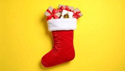 Christmas stocking against yellow backdrop&mdash;red velvet with white fur trim filled with wrapped gifts, sprigs of greenery, and berries. Presents tied with red ribbons add celebratory detail. The vibrant