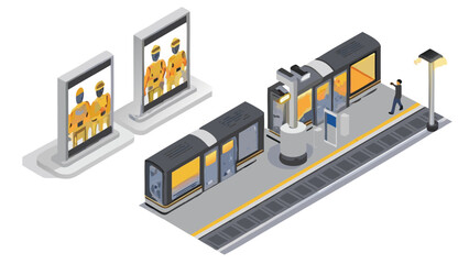 Obraz premium Isometric view of a train station with advertising billboards and a person walking to the train
