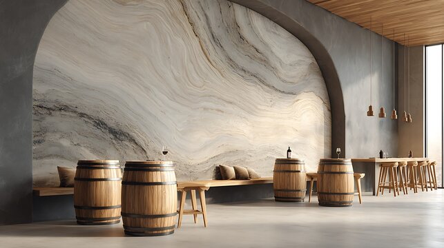 Refined wine tasting interior with vintage oak barrels and natural stone wall, featuring ample blank space for design overlays or promotional wine-themed mockups.