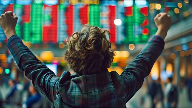 Stock trader rejoices at success against the backdrop of monitors with stock quotes and charts.