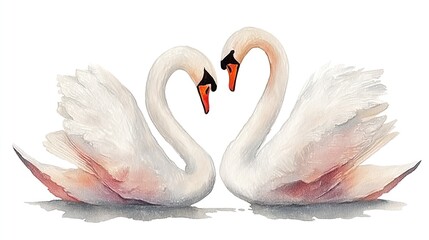 Obraz premium Romantic watercolor swans in heart-shaped pose illustration for wedding decor, Valentine cards, love themes, elegant print design.