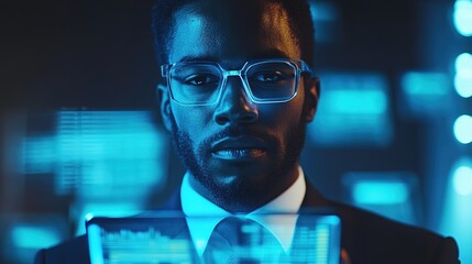 Modern African American Man with Glasses Analyzing Data Interface