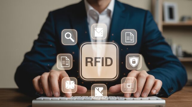 Implementing RFID Technology: A person interacting with an "RFID" icon surrounded by various data and security symbols, illustrating efficient asset tracking and supply chain automation - Powered by Adobe