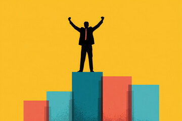 Businessman standing on top of bar chart raising hands in victory symbolizing success achievement leadership growth and confidence with copy space