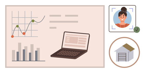 Laptop with data graphs, facial recognition for identity, and a building icon reflect technology, analytics, personalization, and security. Ideal for tech, analytics, security ID automation