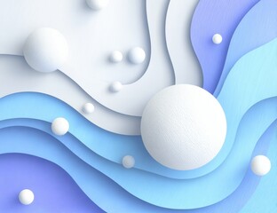 Abstract layered design with white spheres and flowing blues