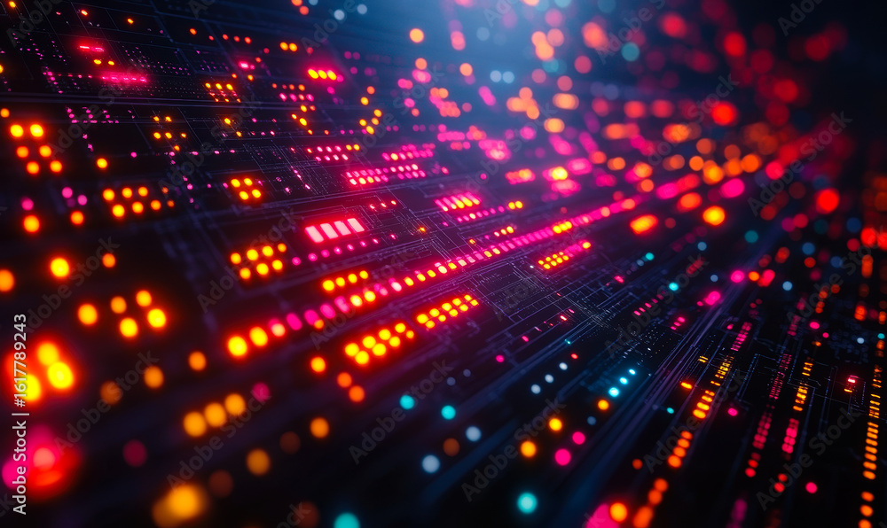 Poster abstract close-up of illuminated digital data streams with colorful glowing dots and lines represent