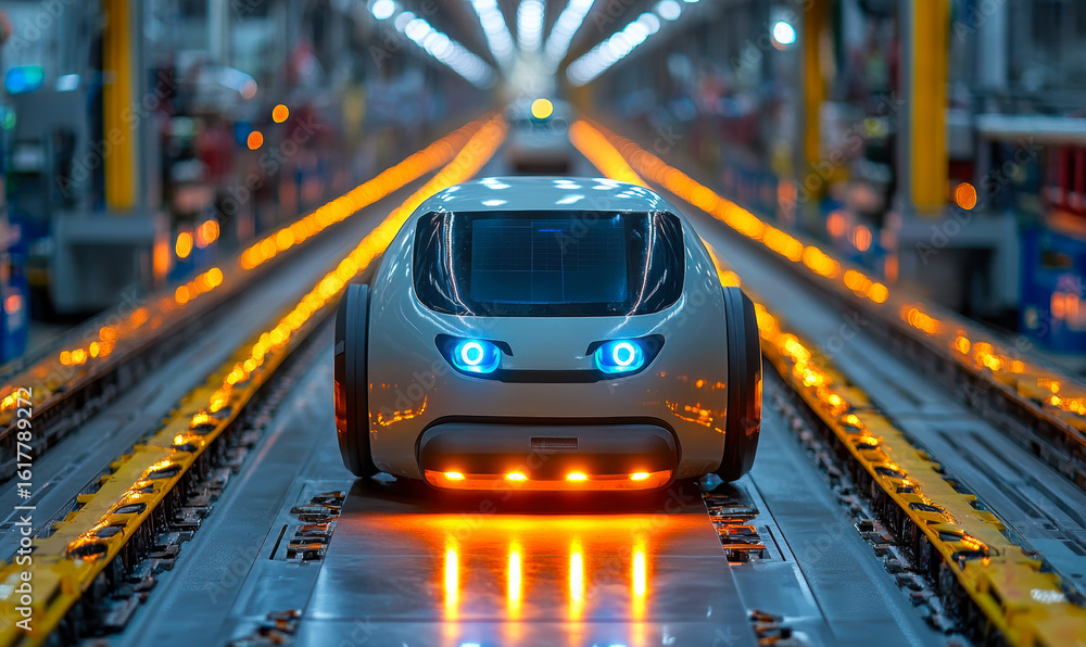 Aufkleber futuristic white autonomous robot with glowing blue eyes and orange lights navigating on industrial 