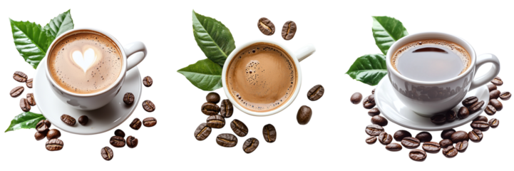 Set of coffee cups with coffee beans and coffee leaves isolated on transparent background PNG