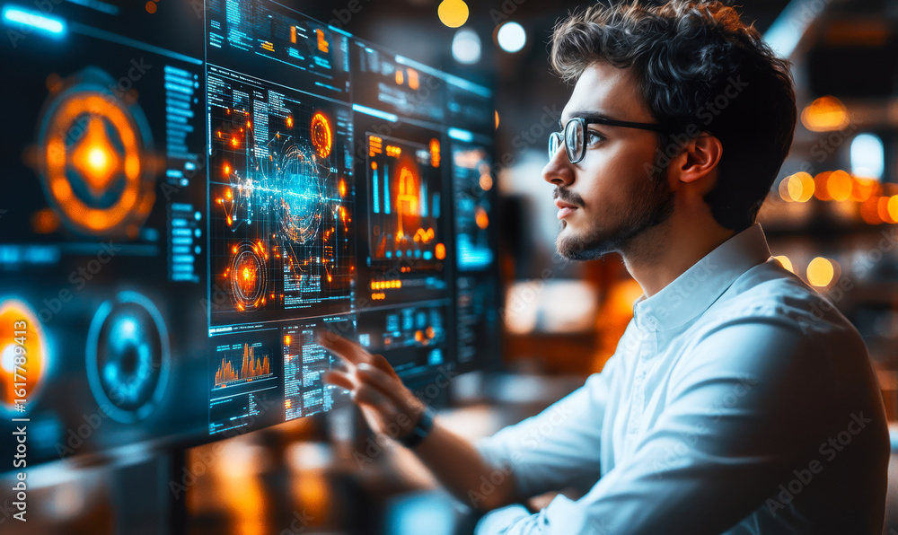 Aufkleber young man analyzing complex data visualizations on multiple transparent futuristic touchscreens in m