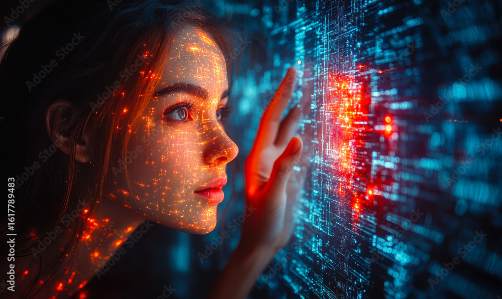 Poster young woman interacting with futuristic digital interface displaying glowing data streams and hologr