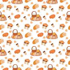 Vector illustration, pattern, autumn picnic, sweets, coffey