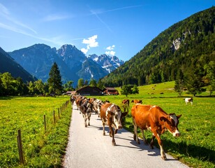 Obraz premium Cows graze in alpine valley