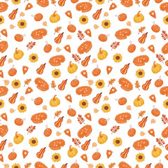 Vector illustration, pattern, yellow pumpkins, with pies, pieces of pumpkin feathers