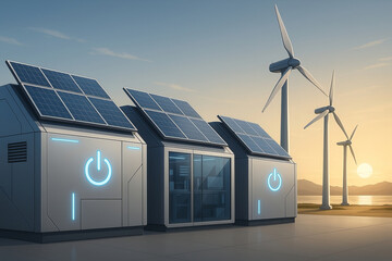 Image features modern energy storage facility with solar panels on rooftops and wind turbines in background, set against sunset sky, emphasizing renewable energy and sustainability