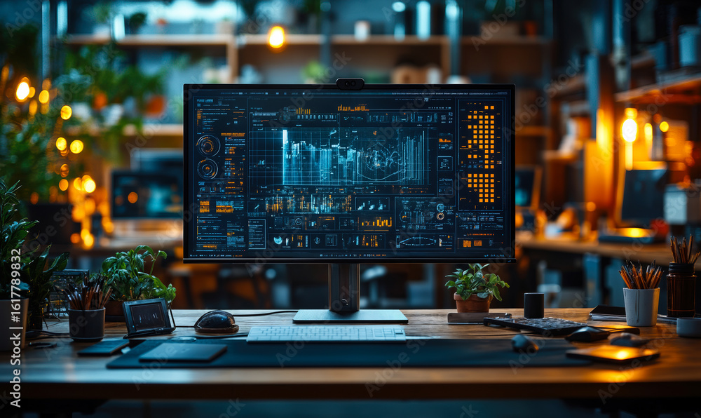 Poster advanced data analytics dashboard on widescreen monitor in modern office workspace with plants and t