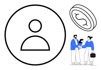 Profile icon, shaking hands, and coin with dollar sign highlight teamwork, financial investment, and user focus. Ideal for business, networking, finance, partnerships success technology simple
