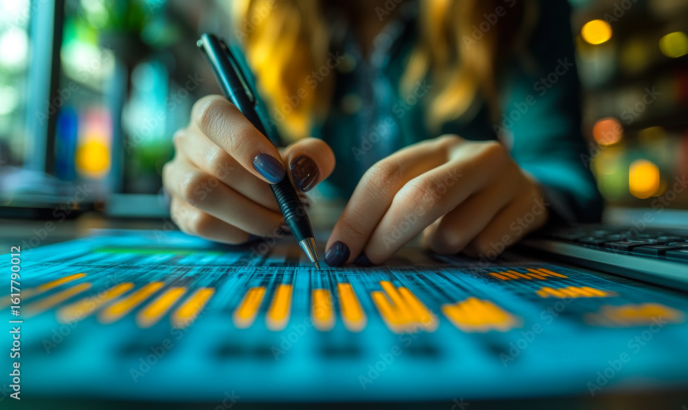 Poster close-up of hands analyzing financial data on printed charts with pen and laptop in blurred backgrou