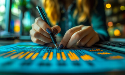 Close-up of hands analyzing financial data on printed charts with pen and laptop in blurred background for business management and investment planning concepts