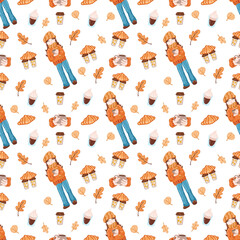 Vector illustration,pattern of a girl with koffee,fall,leaves
