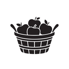 Black and white illustration of a basket full of apples ideal for autumn or harvest themes and healthy food concepts
