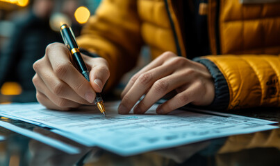 Close up of person in yellow jacket filling out printed form with pen on reflective surface in indoor setting with blurred lights background