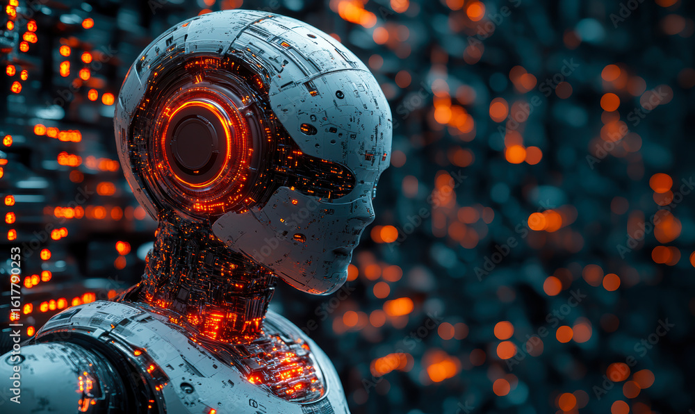 Aufkleber futuristic humanoid robot with glowing orange circuits and digital data nodes on dark background ill