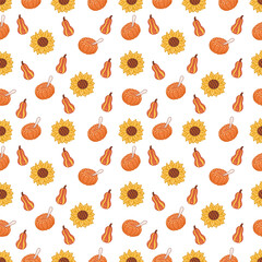 Vector illustration,pattern,yellow pumpkins,sunflowers,osen soup
