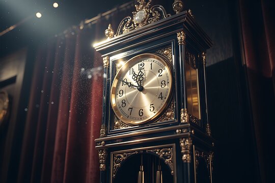 Elegant antique grandfather clock with golden accents and intricate details against a luxurious red curtain, capturing the timeless beauty of a bygone era
