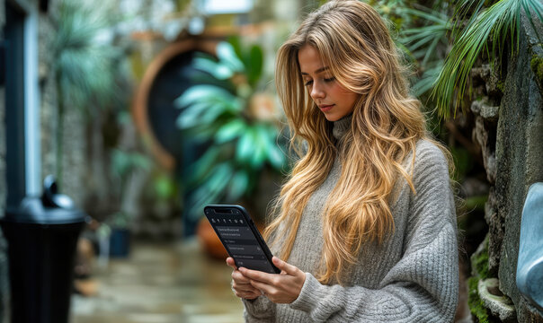 Young woman using smartphone voice assistant in lush indoor garden setting for hands-free digital journaling or note taking with casual cozy sweater - Powered by Adobe