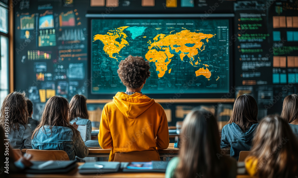 Aufkleber students in classroom studying world map with highlighted continents in bright orange color on large