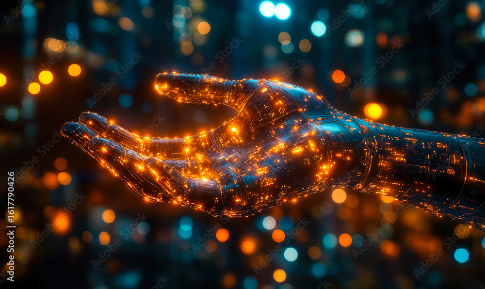 Poster futuristic robotic hand glowing with orange lights in dark digital environment symbolizing advanced 