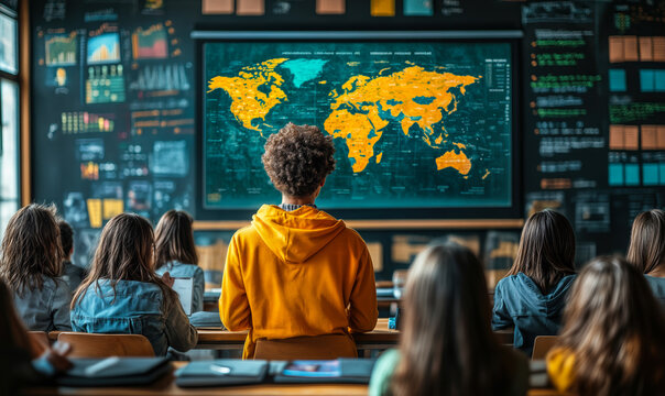 Students in classroom studying world map with highlighted continents in bright orange color on large digital screen for geography lesson and global education concept