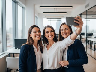 Three businesswomen taking a selfie in a modern office space