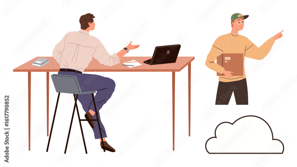 Poster man at desk with laptop gesturing towards standing man holding box and pointing, speech and communic