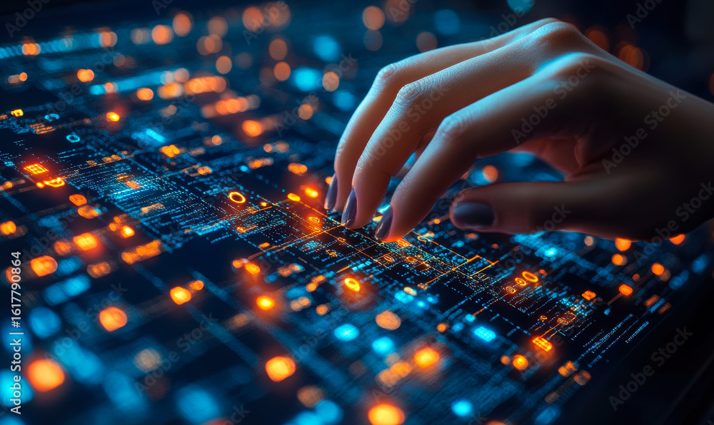 Poster close-up of hand interacting with futuristic digital circuit board interface illuminated by blue and