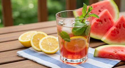 Fototapeta premium Watermelon - Lemon - Mint Special Drink on Wooden Table