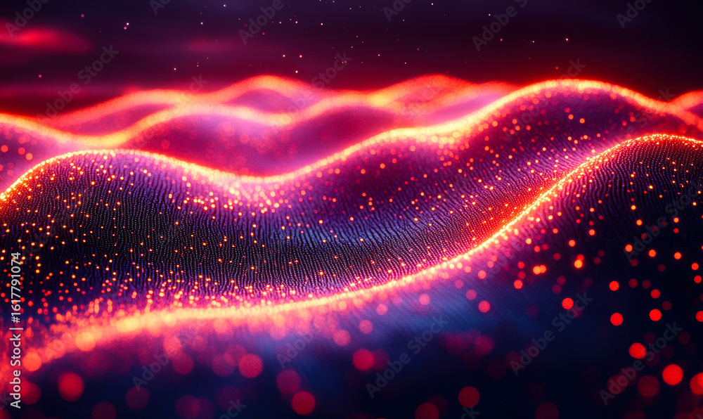 Poster abstract glowing digital wave landscape with vibrant red and purple particle grid and flowing neon l