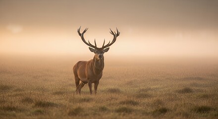 Obraz premium Red Deer Stag Standing Majestic in Misty Golden Field