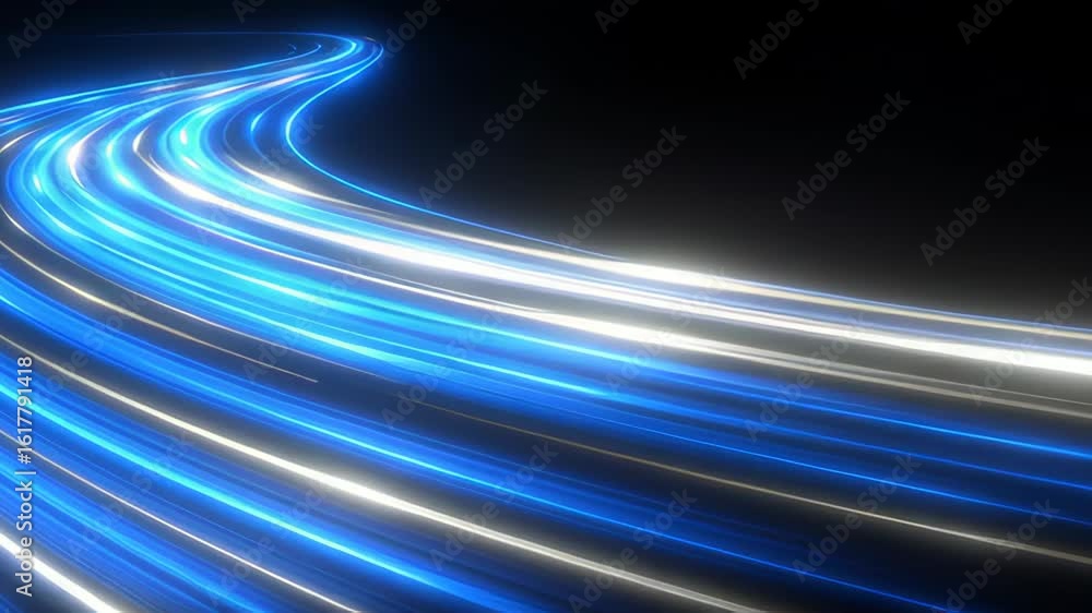 Poster abstract light trails in vibrant blue and white colors create a dynamic flowing pattern against a da